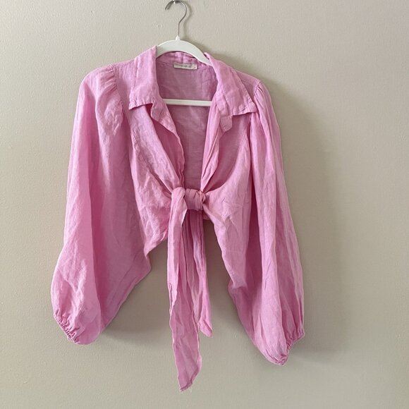 100% Linen Wrap Top Coverup Pink Puff Sleeve Balloon Blouse Collared Crop Italy - Picture 1 of 6